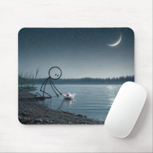 Stickman With a Heart in a Paper Boat Mouse Mat