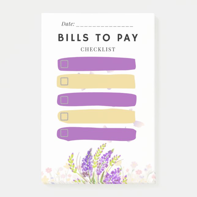 Sticky Note BILLS TO PAY Check box Purple Lavender (Front)