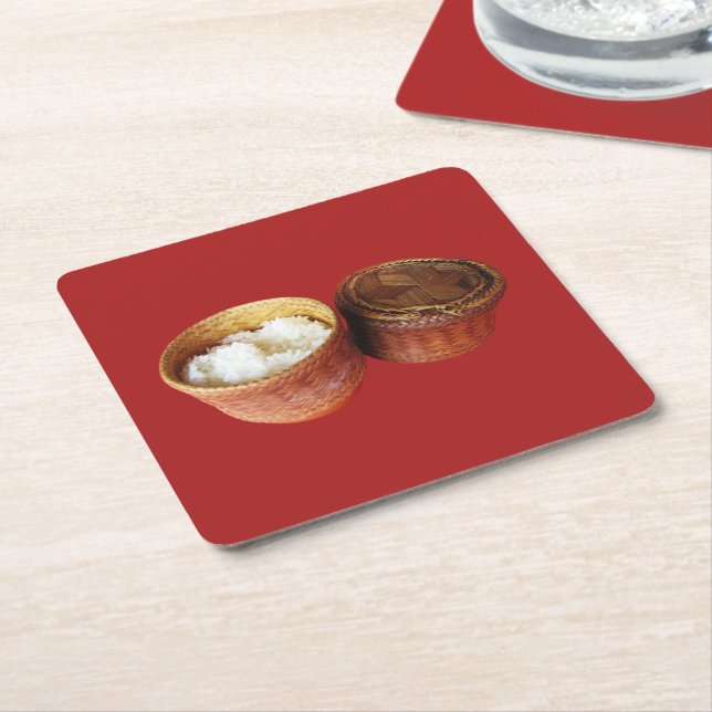 Sticky Rice [Khao Niao] Thai Lao Food Square Paper Coaster (Angled)