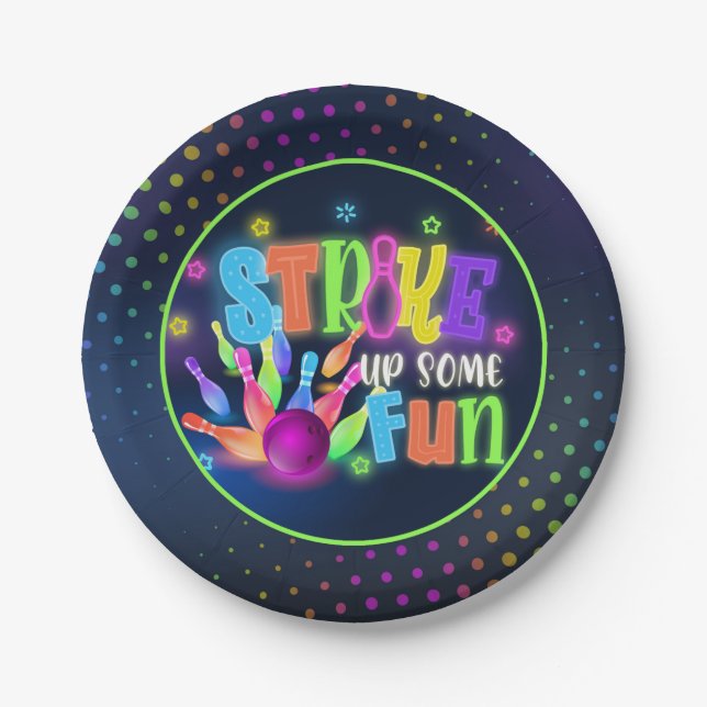 Stike Up Some Fun Bowling Birthday Plate - Neon (Front)