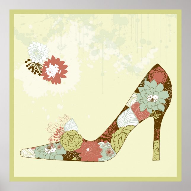 Stiletto Floral Shoes Beige Brown & Green Accent Poster (Front)
