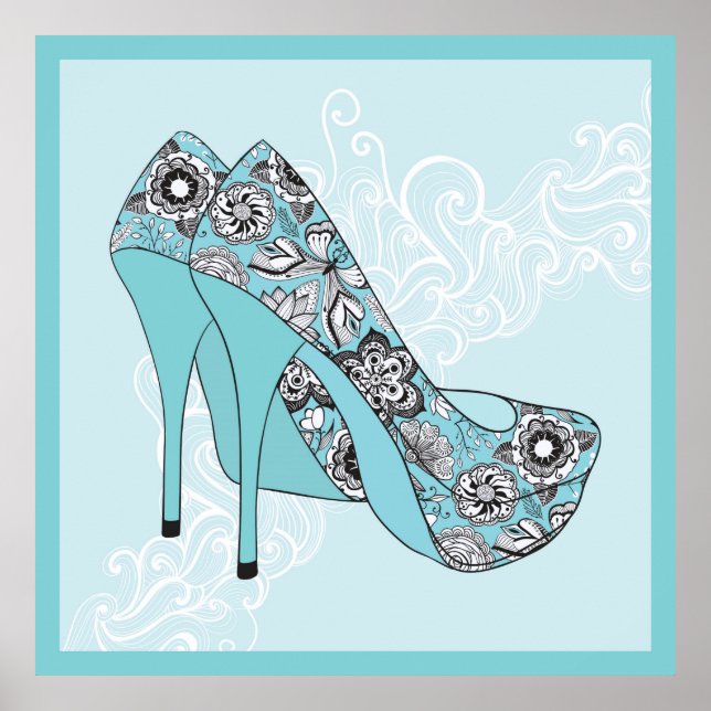 Stiletto Floral Shoes In Blue Black & White Accent Poster (Front)