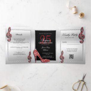 Stiletto, Photo, QR Code 25th Surprise Birthday Tri-Fold Invitation
