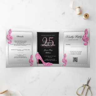 Stiletto, Photo, QR Code 25th Surprise Birthday Tri-Fold Invitation