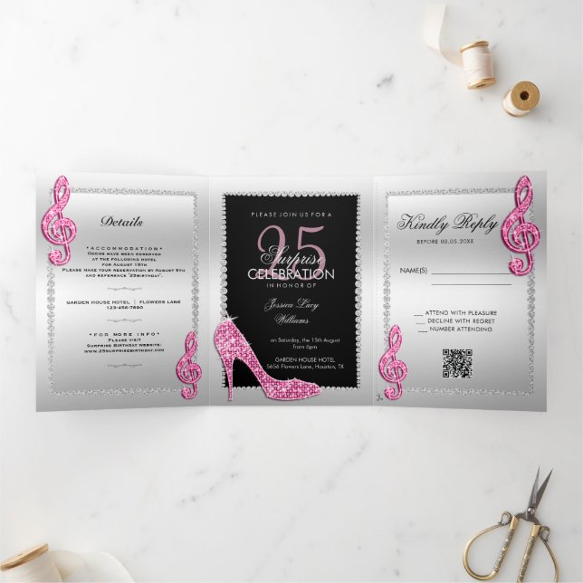 Stiletto, Photo, QR Code 25th Surprise Birthday Tri-Fold Invitation (Inside)
