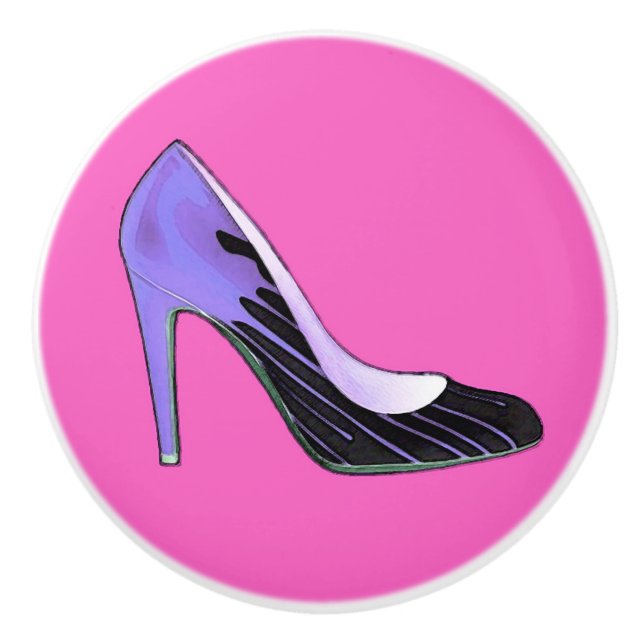 Stiletto pump, blue on hot pink / fuchsia ceramic knob (Front)