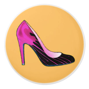 Stiletto pump, hot pink on orange ceramic knob