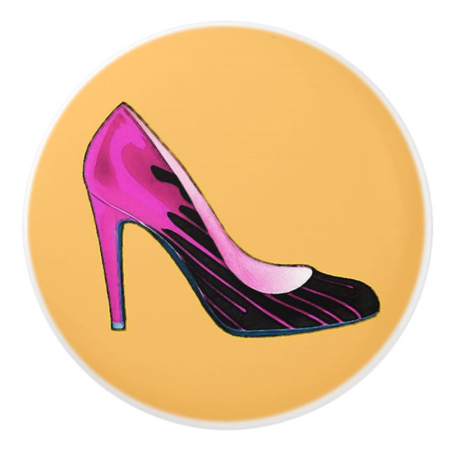 Stiletto pump, hot pink on orange ceramic knob (Front)