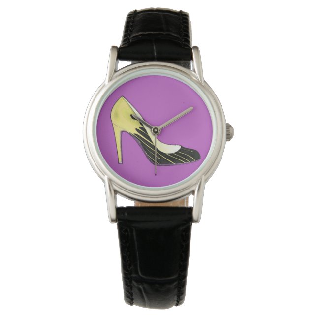Stiletto pump, yellow on purple watch (Front)