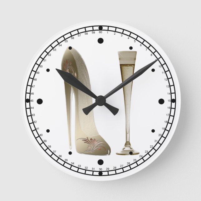 Stiletto Shoe Art and Champagne Flute Gifts Round Clock (Front)