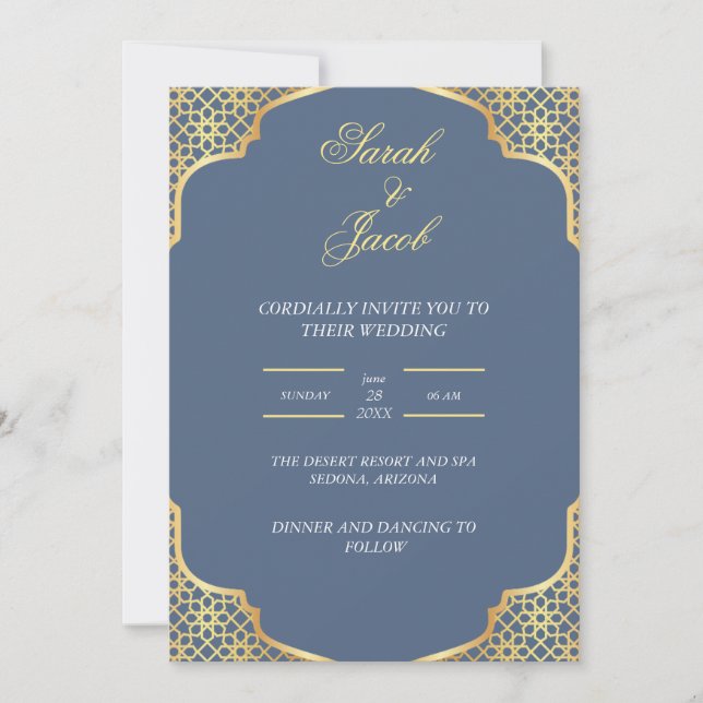 stilish dusty blue and white wedding invitation (Front)