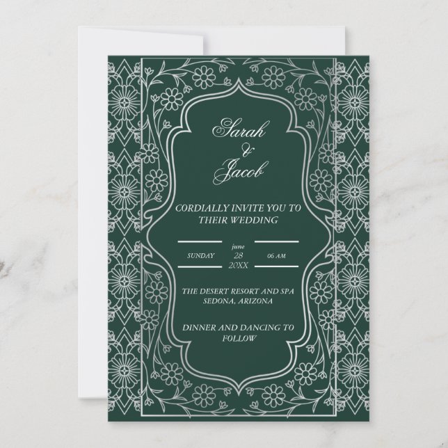stilish emerald green and white wedding invitation (Front)