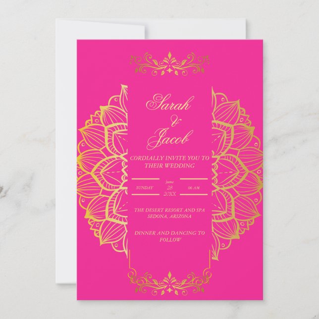 stilish magenta and gold wedding invitation (Front)