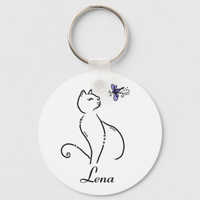Stilisierte Katze personalisiert Key Ring (Front)