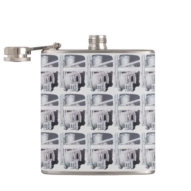 still life drawing of garden tools for gardeners hip flask (Opened)