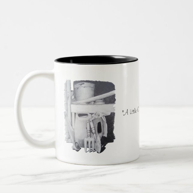 still life drawing of garden tools for gardeners Two-Tone coffee mug (Left)