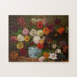Still Life | Eugène Delacroix Jigsaw Puzzle<br><div class="desc">Still Life with Dahlias, Zinnias, Hollyhocks and Plums (c. 1835) by Eugène Delacroix (French, 1798–1863) is a richly coloured and dynamic composition that reflects the Romantic master’s expressive style and fascination with natural beauty. The bouquet, bursting with dahlias, zinnias, and hollyhocks, is vibrantly contrasted with the deep purples of ripe...</div>