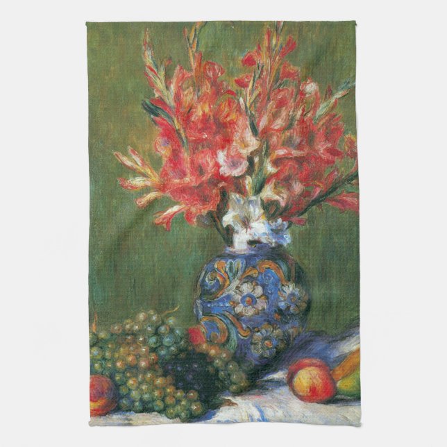 Still Life Flowers and Fruit by Pierre Renoir Tea Towel (Vertical)