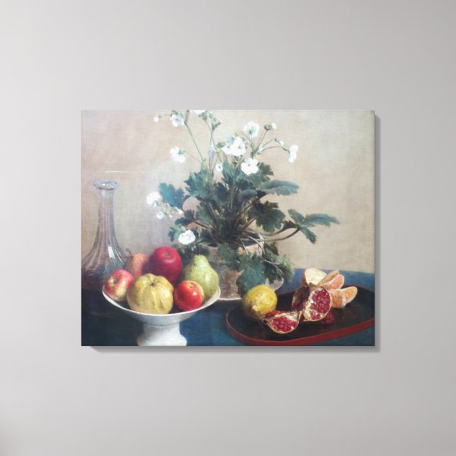 Still Life  Flowers Dish of Fruit and Carafe Canvas Print (Front)