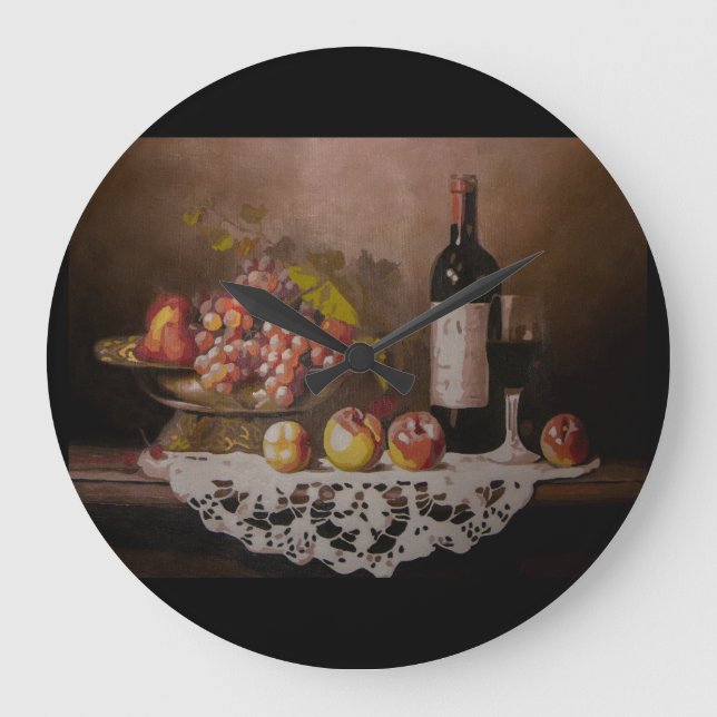 Still life Fruit Bowl and Wine Bottle  Large Clock (Front)