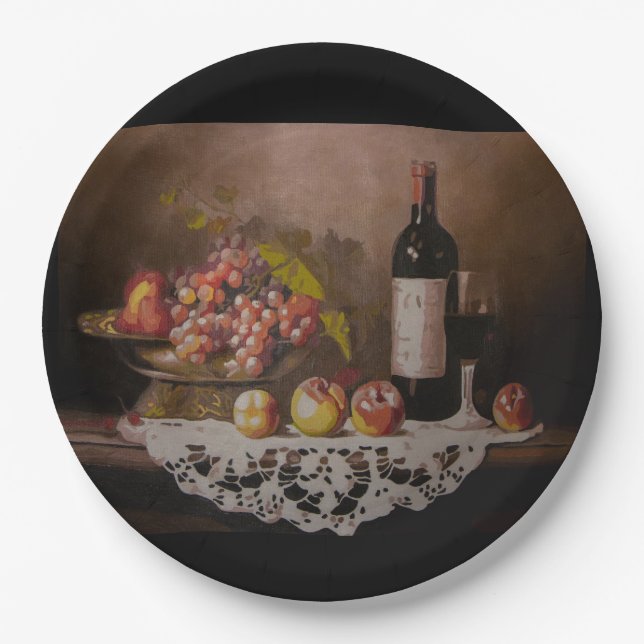 Still life Fruit Bowl and Wine Bottle      Paper Plate (Front)