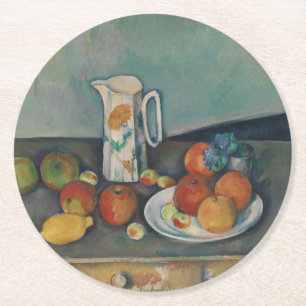 Still Life, Milk Jug and Fruit on a Table, Cezanne Round Paper Coaster