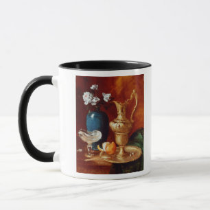 Still life of a gilt ewer, vase of flowers mug