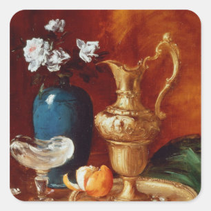 Still life of a gilt ewer, vase of flowers square sticker