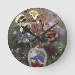 Still Life of a Vase of Flowers (pastel on paper) Round Clock