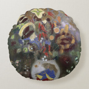 Still Life of a Vase of Flowers (pastel on paper) Round Cushion