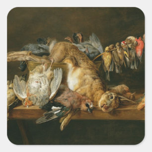Still life of dead birds and a hare on a table square sticker