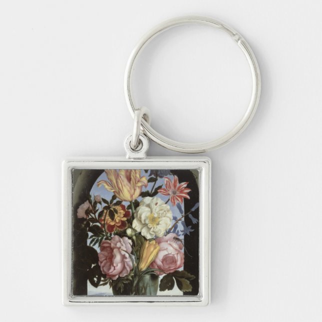 Still life of flowers in a drinking glass key ring (Front)