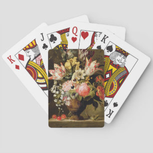 Still Life of Flowers in a Vase with a Lizard on a Playing Cards