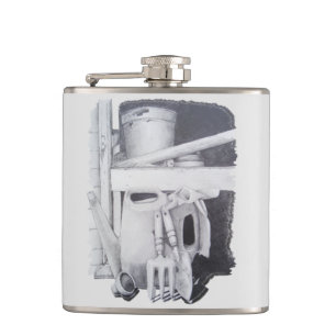 still life of gardening tools and pots gardeners hip flask
