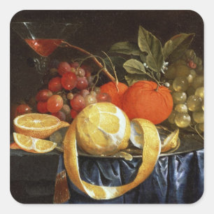 Still Life of Grapes, Oranges and a Peeled Lemon Square Sticker