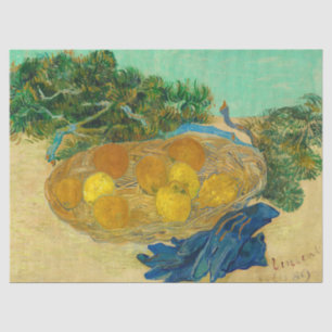 Still Life of Oranges and Lemons with Blue Gloves  Tissue Paper