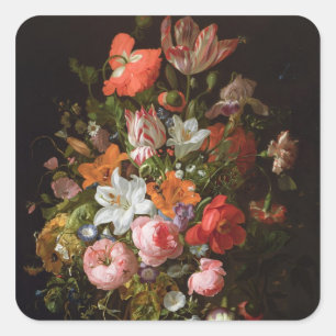 Still life of roses  lilies, tulips square sticker