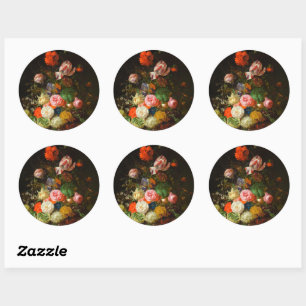 Still life of roses, tulips, a sunflower, 1710 classic round sticker
