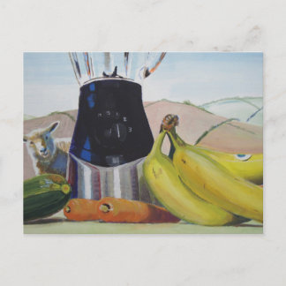 Still life painting fruit vegetables blender postcard