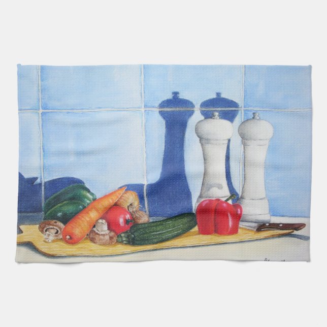 still life painting vegetables on chopping board tea towel (Horizontal)