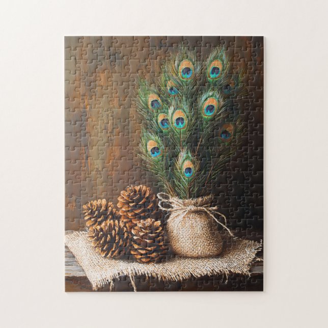 Still Life Peacock Feathers Pinecones Jigsaw Puzzle (Vertical)