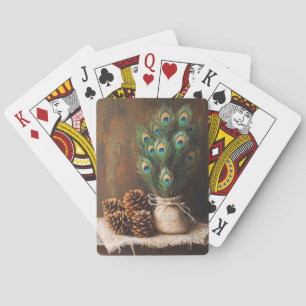 Still Life Peacock Feathers Pinecones Playing Cards