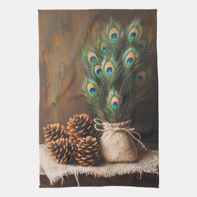 Still Life Peacock Feathers Pinecones Tea Towel (Vertical)