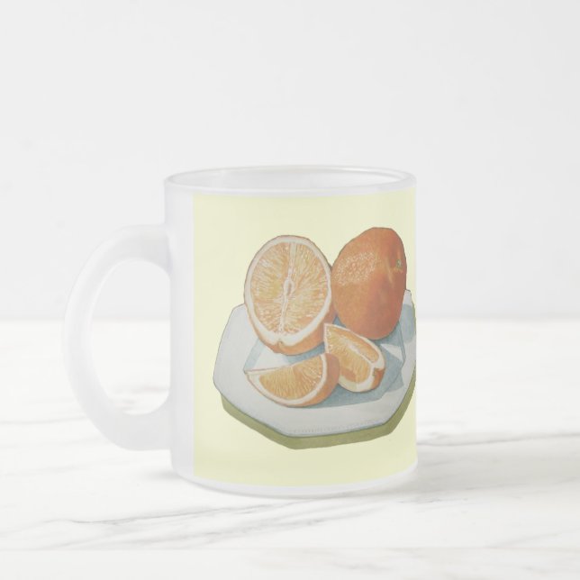 still life picture of fruit and juicey oranges frosted glass coffee mug (Left)