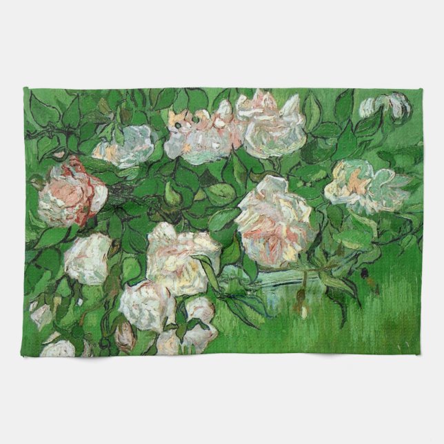 Still Life: Pink Roses by Vincent van Gogh Tea Towel (Horizontal)
