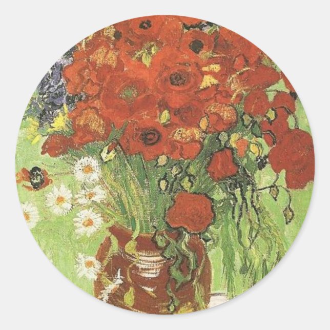 Still life - Red poppies and daises Classic Round Sticker (Front)