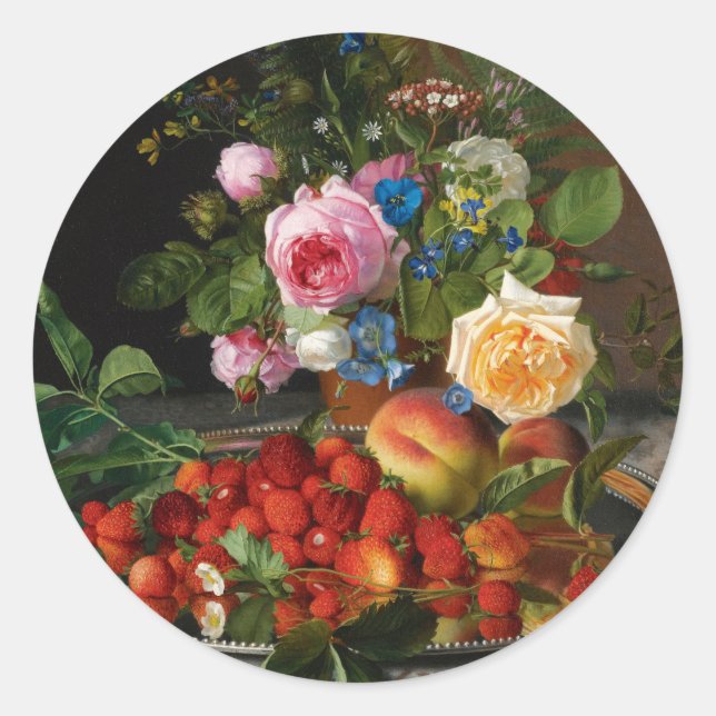 Still Life Roses and Strawberries by Otto Ottesen Classic Round Sticker (Front)