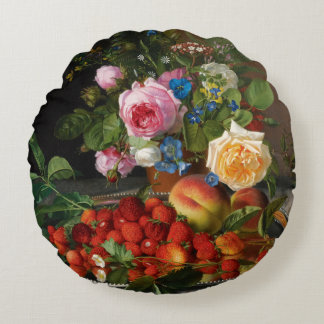 Still Life Roses and Strawberries by Otto Ottesen Round Cushion