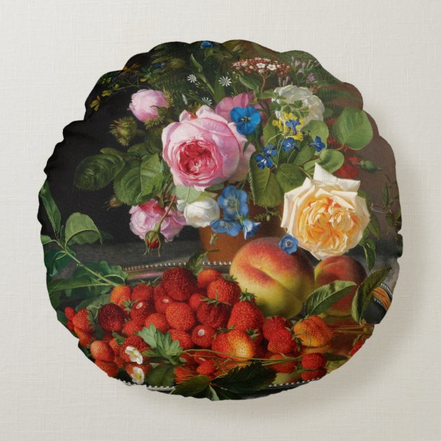 Still Life Roses and Strawberries by Otto Ottesen Round Cushion (Front)