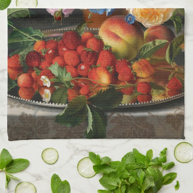 Still Life Roses and Strawberries by Otto Ottesen Tea Towel (Folded)